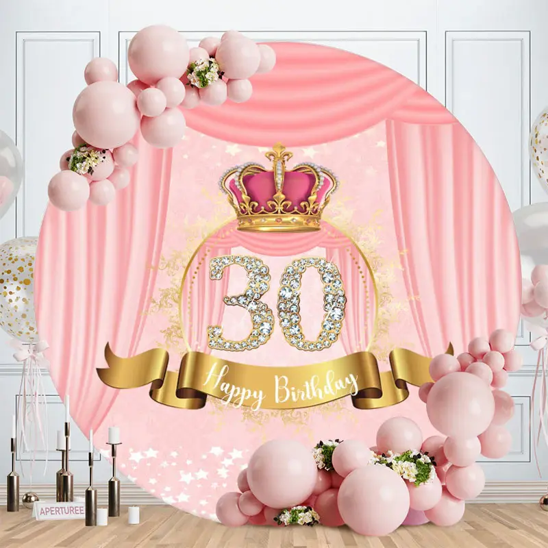 Aperturee Pink Crown And 30th Diamonds Round Birthday Backdrop