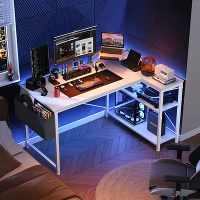 【SAVES YOUR SPACE】Raybee Furniture L Shaped Gaming Desk for small spaces, Computer Desktop with Power Outlets,USB,Reversi...