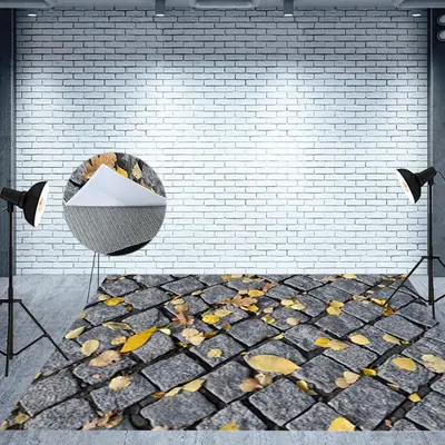 Aperturee Autumn Leaves Grey Road Bricks Fabric Floor Backdrop - Aperturee