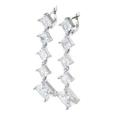 Rhombus Brass Micro Pave Cubic Zirconia Dangle Hoop Earrings