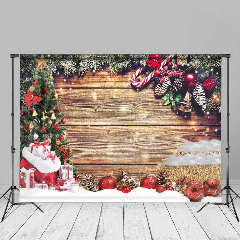 Snow Pine Tree Leaves Wood Merry Christmas Backdrop - Aperturee