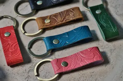 Embossed Leather Keychain , Real Leather, Same Day Shipping, Free Shipping US