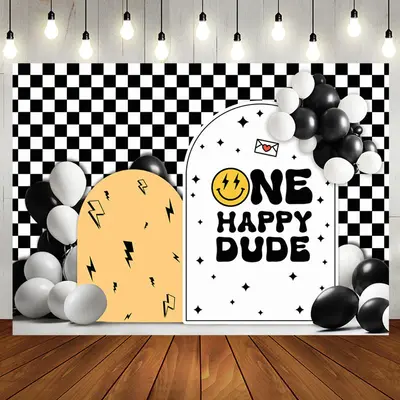 Dude Balloon White Black Plaid 1st Birthday Backdrop - Aperturee