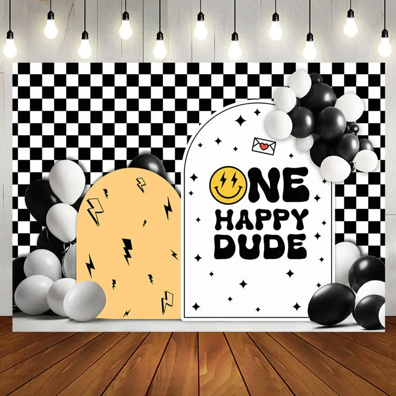Dude Balloon White Black Plaid 1st Birthday Backdrop - Aperturee
