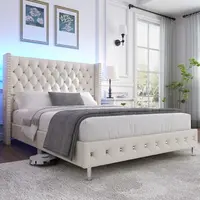 Queen /Full Size Bed Frame, Modern Upholstered Platform Bed with LED Lights & Side Pockets, High Wingback Headboard LED Bed