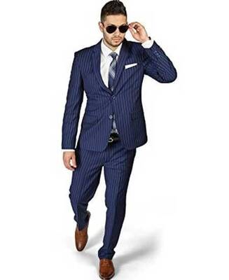 Men's 2 Button Slim Fit Stripe ~ Skinny Style Pinstripe Flat Front Pants Dark Navy Blue Suit For Men Cheap Priced Business Su...