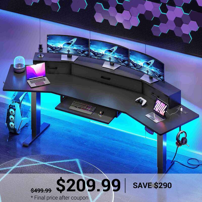 SEDETA 78 Inch Electric Standing Gaming Desk with Drawers Led Lights Height Adjustable Computer Desk with Power Outlet Keyboa...