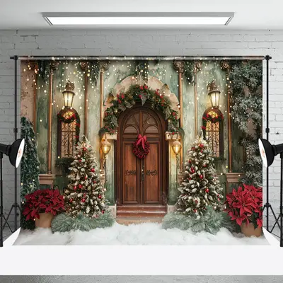 Winter Green Wall Brown Door Christmas Photo Backdrop