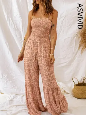Women's Ditsy Floral Print Shirred Ruffle Hem Wide Leg Cami Jumpsuit, Boho Tie Shoulder Sleeveless Jumpsuit for Beach Holiday...