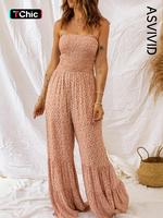 【Gisselle a la mode】 Women's Ditsy Floral Print Ruffle Hem Vintage Jumpsuit, Bohemian Shirred Tie Shoulder Wide Leg Jumps...