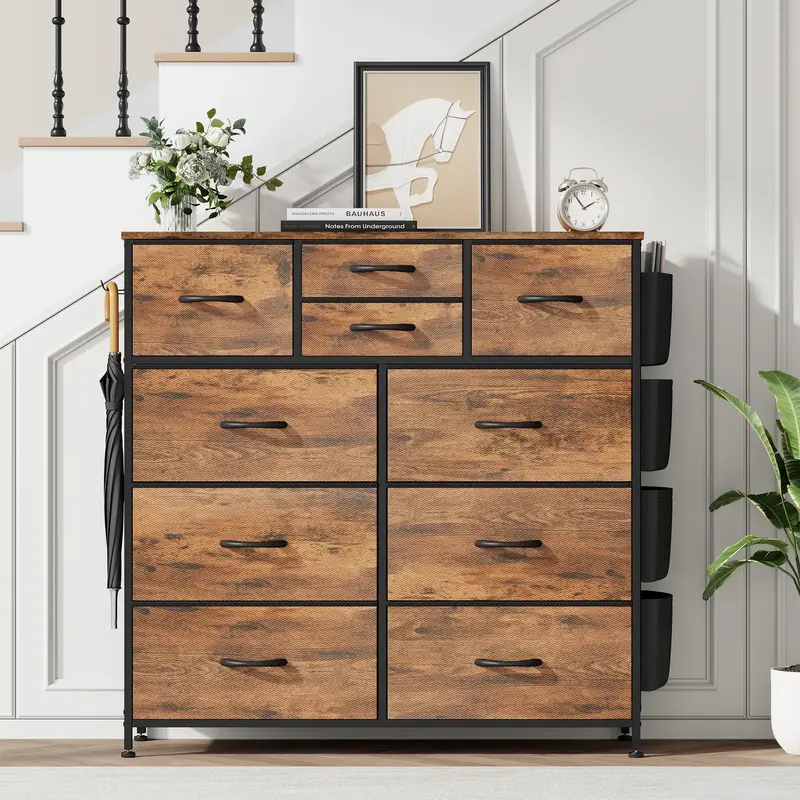 【FallDealsForYou】AOWOS 10 Drawer Dresser for Bedroom, Storage Drawer, Side Pockets and Hooks, Sturdy Metal Frame, Wooden ...