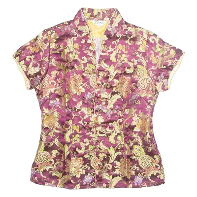 KAIYU Eastern Inspired Womens Printed Top Maroon V-Neck Floral S