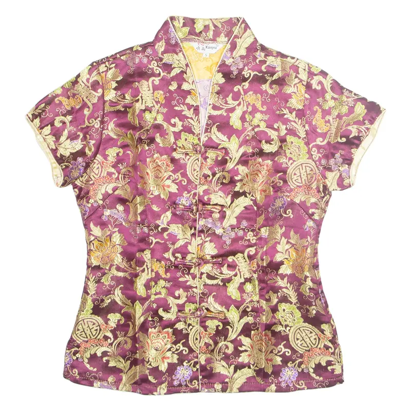 KAIYU Eastern Inspired Womens Printed Top Maroon V-Neck Floral S