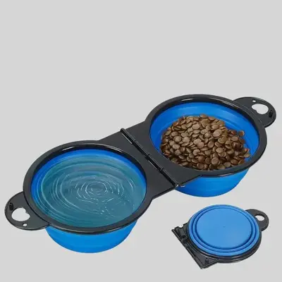 Foldable 2 In 1 Pet Water Bowl, Portable Pet Feeder Bowl, Folding Pet Food Bowl For Dogs & Cats Traveling Hiking Walking, Chr...