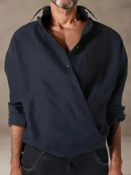 Unique Slant Button Placket Tops, Navy Blue / XL