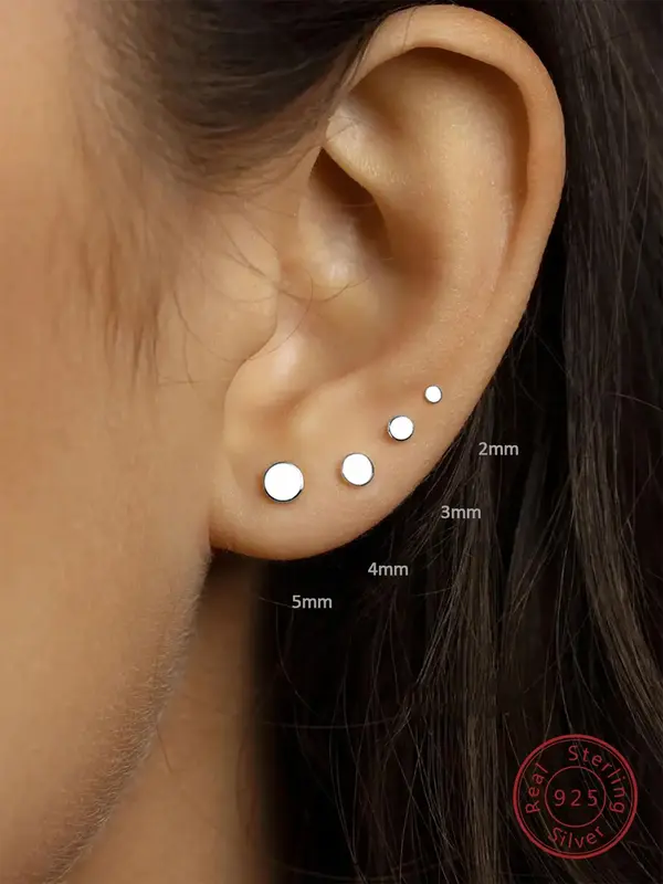 925 Sterling Silver Flat Earrings, Small Round Disc Stud Earrings, Dainty Cartilage Tragus Circle Triangle Earrings