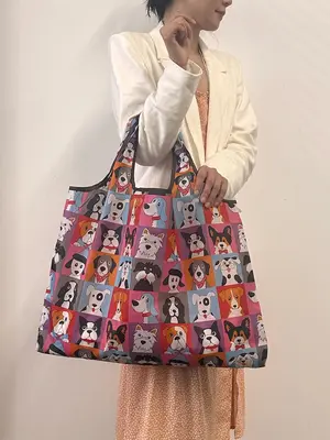 Cartoon Dog Pattern Tote Bag, Lightweight Large Capacity Shopping Bag for Daily Use, Basic Style Foldable Shoulder Bag for Wo...