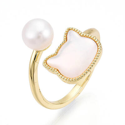 Brass & Natural Pearls Adjustable Open Cuff Rings for Women