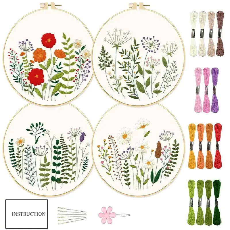 Floral & Plant Pattern DIY Cross Stitch Kit, Embroidery Kit for Beginners, Cloth, Hoop, Thread & Needle, Handmade Gift Materi...