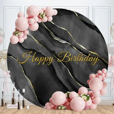 Aperturee Black With Gold Round Happy Birthday Backdrop