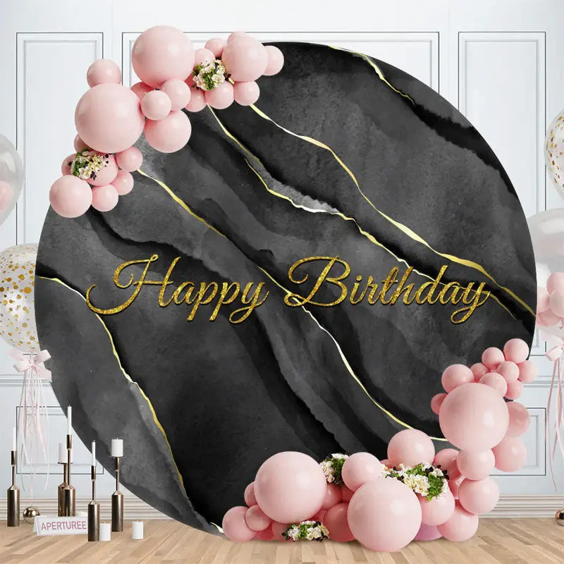 Aperturee Black With Gold Round Happy Birthday Backdrop