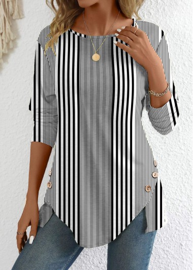 Modlily Black Patchwork Striped Long Sleeve Round Neck T Shirt - XXL