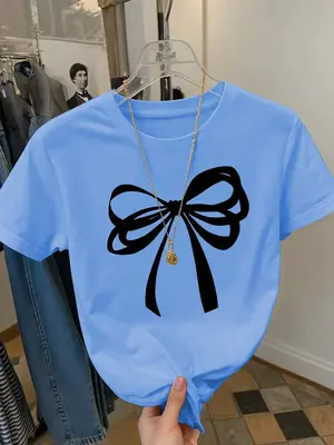 Girls Summer Fashion Bow Tie Print Short Sleeve T-Shirt, Casual Outdoor Wear, Comfortable Fit, Moderate Fabric, Perfect for S...