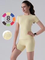 Two-piece Set Women's Solid Round Neck Tee & High Waist Biker Shorts Tracksuit Set, Casual Sportswear for Indoor Outdoor Wear...