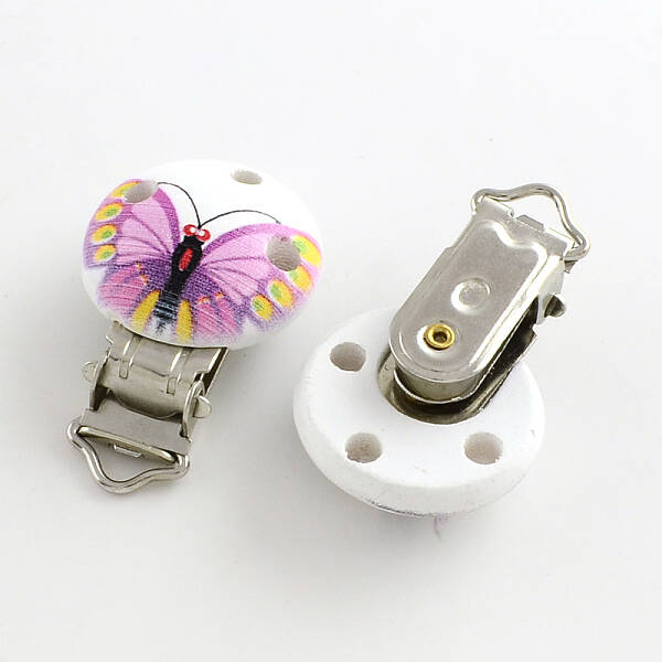 Butterfly Pattern Printed Wooden Baby Pacifier Holder Clip with Iron Clasp