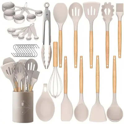 Chef Kitchen Cooking Utensils Set, 33 pcs Non-Stick Silicone Cooking Kitchen Utensils Spatula Set with Holder, Wooden Handle ...