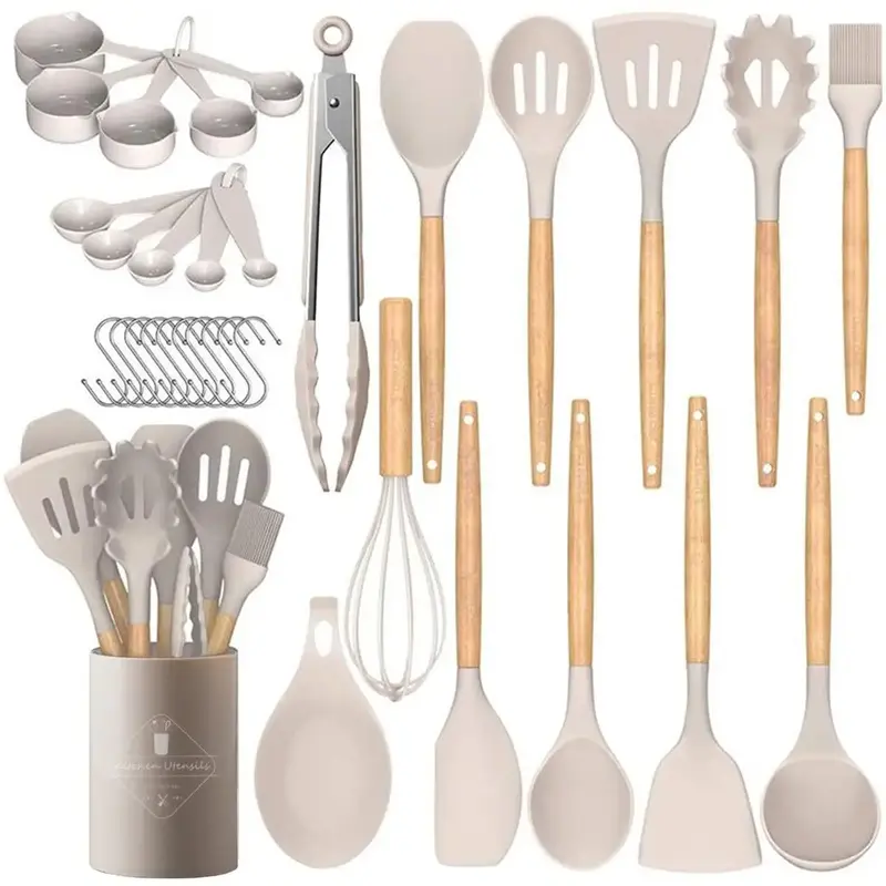 Chef Kitchen Cooking Utensils Set, 33 pcs Non-Stick Silicone Cooking Kitchen Utensils Spatula Set with Holder, Wooden Handle ...