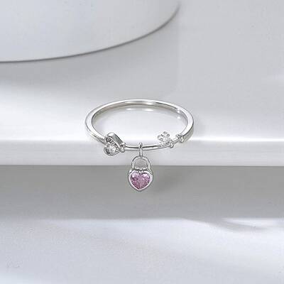 Rhodium Plated 925 Sterling Silver Finger Ring with Cubic Zirconia Heart Pad Charms