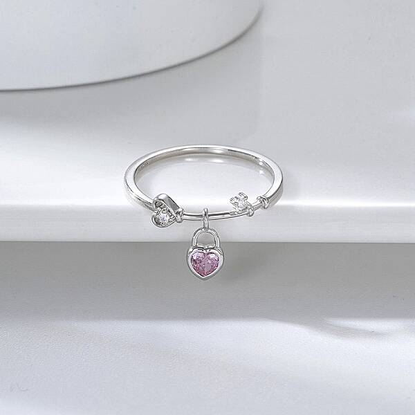Rhodium Plated 925 Sterling Silver Finger Ring with Cubic Zirconia Heart Pad Charms