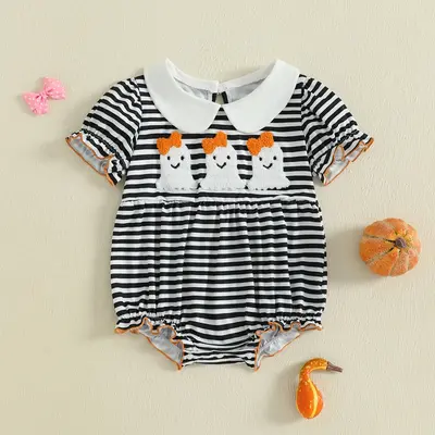 Infant Baby Girl Halloween Bodysuit Short Sleeve Doll Collar Striped Romper Newborn Fall Playsuit 0-18 Months