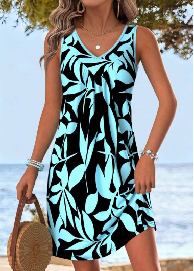 Modlily Cyan Tummy Coverage Leaf Print Short Sleeveless Dress - S