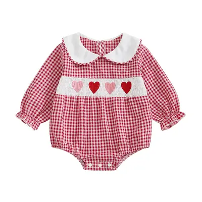 Newborn Baby Girls Valentines day Clothes Long Sleeve Doll Collar Smocked Heart Embroidery Plaid Bubble Romper Outfit
