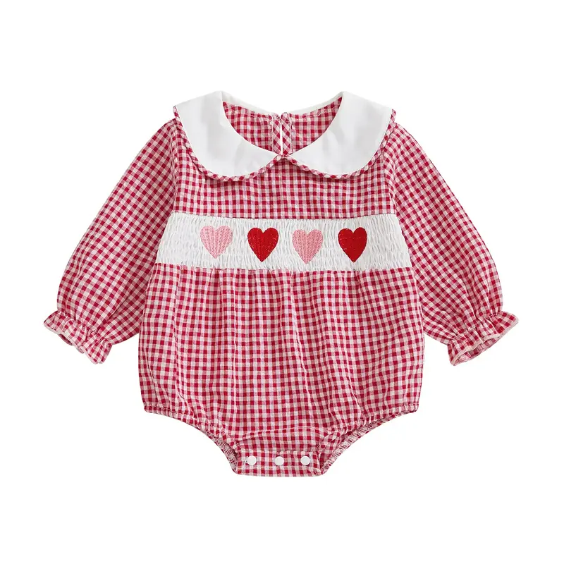 Newborn Baby Girls Valentines day Clothes Long Sleeve Doll Collar Smocked Heart Embroidery Plaid Bubble Romper Outfit