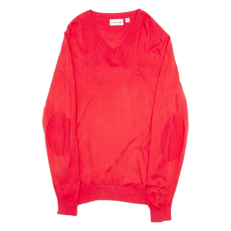LACOSTE Womens Jumper Red V-Neck Tight Knit M