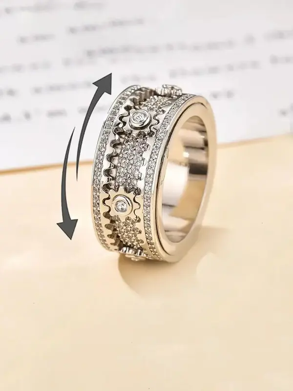 Creative Gear Design Ring, Fashionable Rhinestone Decorated Ring for Women & Men, Trendy All-match & Exquisite Jewelry for Bi...