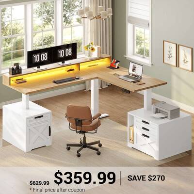 SEDETA 70.1 Inch Farmhouse L Shaped Standing Desk Electric Height Adjustable Executive Desk with Drawers Power Outlet Printer...