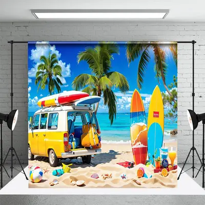 Camping Seaside Bus Blue Sky Surfboard Summer Backdrop - Aperturee