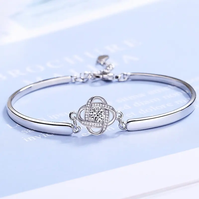 Sterling Silver Cubic Zirconia Cross Knot Pendant Bangle Bracelet