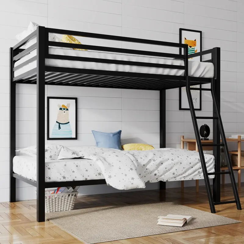 SHA CERLIN Twin Over Twin Metal Bunk Bed |【Frame Only No Mattress】Industrial Design with Inclined Stairs & Full-Length Gu...