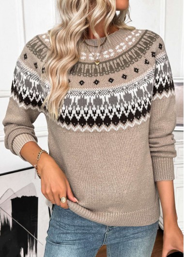 Modlily Gray Brown Tummy Coverage Tribal Print Long Sleeve Sweater - S