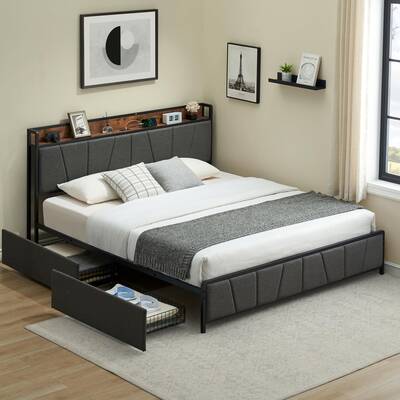Garvee King Size Bed Frame with 2 Storage Drawers, Linen Upholstered Platform Bed Frame with Storage Headboard and Charging S...