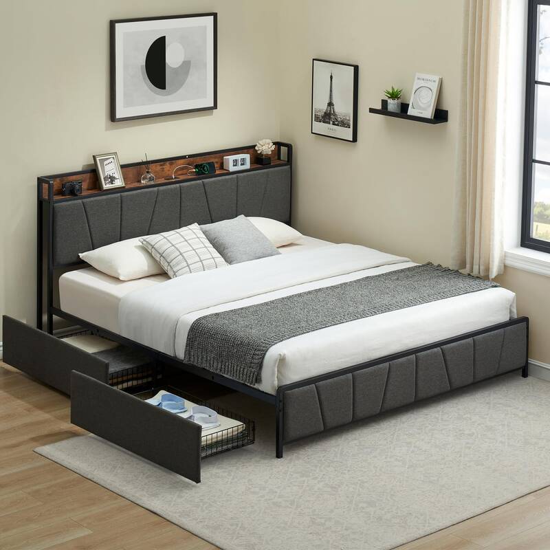 Garvee King Size Bed Frame with 2 Storage Drawers, Linen Upholstered Platform Bed Frame with Storage Headboard and Charging S...