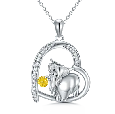 Sterling Silver With Yellow Gold Plated Cubic Zirconia Highland Cow Sunflower Heart Pendant Necklace For Women