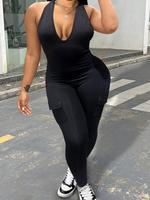 Women's Solid Tie Backless Halter Bodycon Jumpsuit, Casual Flap Pocket Sleeveless Plunge Neck Jumpsuit, Ladies Clothes for Su...