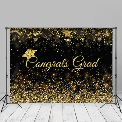 Congrats Grad Gold With Black Glitter Photo Backdrop - Aperturee