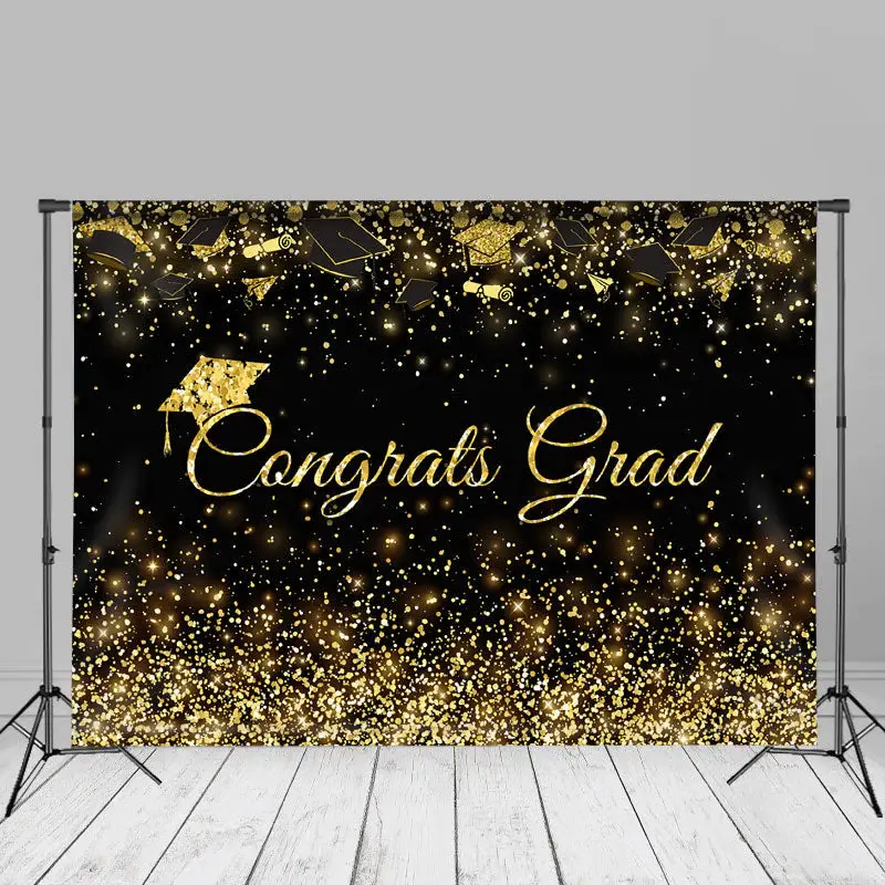 Congrats Grad Gold With Black Glitter Photo Backdrop - Aperturee